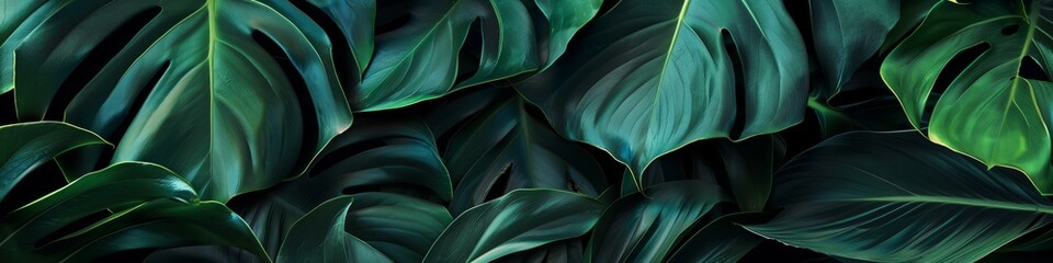 dense jungle foliage with verdant green monstera leaves in close-up view - obrazy, fototapety, plakaty