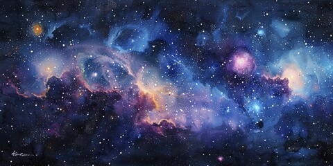 A mesmerizing blend of celestial symbols and vibrant hues burst forth in a cosmic watercolor masterpiece.