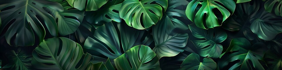 lush green tropical leaves of monstera creating a vibrant natural pattern - obrazy, fototapety, plakaty