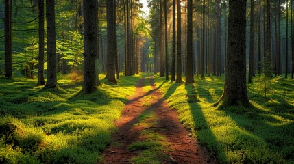 Path cutting through lush green forest