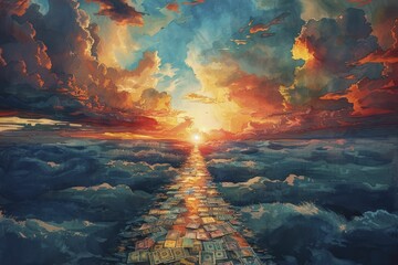 In the ethereal watercolor painting, floating currencies create a celestial path toward a radiant financial journey's horizon. - obrazy, fototapety, plakaty