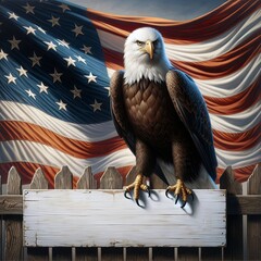 A bald eagle perched on a wooden fence with a blank wooden white board and a wavy American flag background