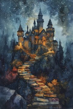 Floating books leading to mystical castle, metaphor for knowledge leading to success, dusky sky with stars, watercolor painting.