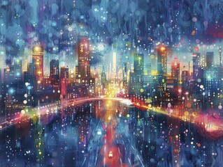Obraz premium In the mesmerizing watercolor painting, a digital business ecosystem thrives with data streams and light particles replacing traditional roads and vehicles.