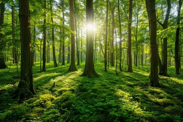 Fototapeta premium Sun shining through trees in forest