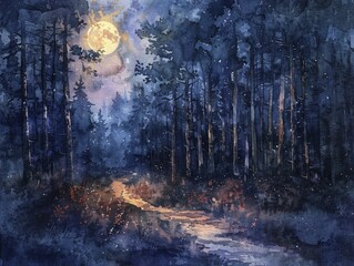 Glowing trail leading through a dark forest, metaphor for guidance in business decisions, moonlit night, watercolor painting.