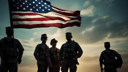 Silhouette of American soldiers in posing respectfully against the backdrop of a fluttering American flag, cinematic lighting with copy space area. - Powered by Adobe