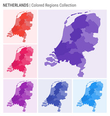 Netherlands map collection. Country shape with colored regions. Deep Purple, Red, Pink, Purple, Indigo, Blue color palettes. Border of Netherlands with provinces for your infographic.