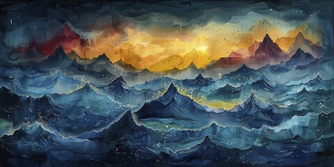 In the turbulent sea of commerce, graphs mimic ocean waves, capturing market shifts beneath a stormy sky in a watercolor masterpiece. - obrazy, fototapety, plakaty
