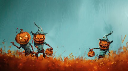 Cartoon three pumpkins, bandits, robbers and evil funny criminals, against the background of a field with copy space - obrazy, fototapety, plakaty