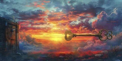 Unlocking endless opportunities with a golden key amidst a vibrant sunset, symbolizing business potential in a watercolor masterpiece. - obrazy, fototapety, plakaty