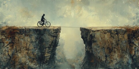 A daring entrepreneur navigates the fine line between risk and equilibrium atop a high wire, captured in sepia watercolors.