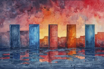 Series of doors in diminishing sizes, each leading to a different business scene, metaphor for opportunities, soft focus, watercolor painting.