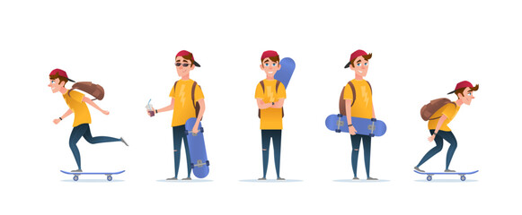 Skater boy or guy with skateboard in different poses and various scenarios. Skateboarder on isolated white background. Vector cartoon flat character illustration