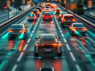 In this portrayal, an autonomous smart car navigates through traffic on the road, utilizing scanning technology to observe distances and surroundings - obrazy, fototapety, plakaty