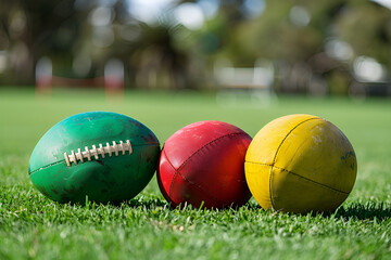 three australian rules football balls on a field