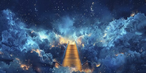 Surreal escalator leading to a starry sky, representing career advancement, midnight blue with twinkling stars, watercolor painting.