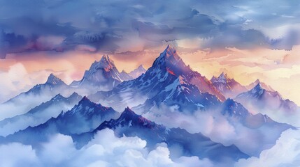Surreal mountain peaks as metaphors for business goals, rising above clouds, dawn light casting long shadows, watercolor painting. - obrazy, fototapety, plakaty
