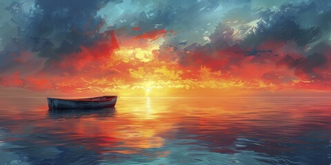 The tranquil office desk drifts peacefully on the serene ocean, embodying the essence of remote work amidst a breathtaking sunrise in a watercolor masterpiece.