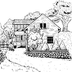 Old rural cottage with yard hand drawn sketch. Cute antique house with tile roof, flower pot on window, garden trees, clothesline and dog. Country road and cottage core scene architecture line art.