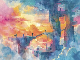 Surreal office in clouds with people climbing abstract ladders, bright sunlight and soft, airy atmosphere, watercolor painting.