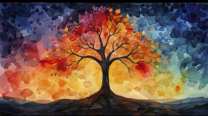 Tree of knowledge and success, each branch reaching different targets, vibrant autumn colors, watercolor painting.