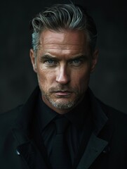 Mature man with grey hair wearing a black suit