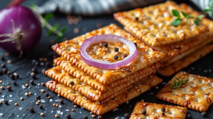   A red onion and its slice rest beside a stack of crackers on the table