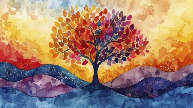 The vibrant autumn hues cascade through each branch of the Tree of Knowledge and Success, painting a picturesque scene in watercolors.