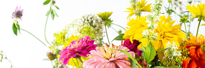 Summer bouquet of colorful Zinnia, onion inflorescences and mint sprigs, Rudbeckia Goldquelle and red clover, Ranunculus and Matricaria, home decoration with flowers banner - obrazy, fototapety, plakaty