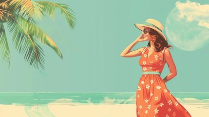 Obraz na płótnie Canvas Retro style woman enjoying sunny beach day