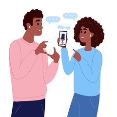 A young African-American couple listens to podcasts on a web app using wireless headphones. Audio therapy, sound healing rituals, positive habits for mental health.