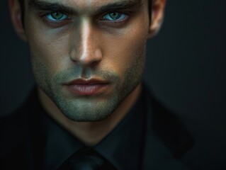 Fototapeta premium Man with blue eyes in black shirt and tie