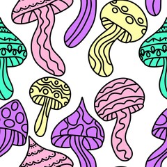 Cartoon autumn harvest seamless neon Halloween mushrooms with skulls pattern