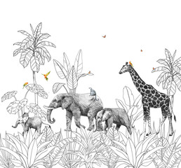 Fototapeta premium Realistic drawing Mural Wallpaper. Safari Panorama Landscape Wildlife and Forest African Nature, Giraffe, Elephant, Lemur, Monkeys