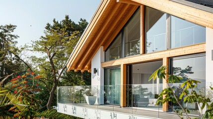 Glass long balcony of a residential two-story villa and a gable roof with a wooden pediment - obrazy, fototapety, plakaty