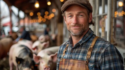 A farmer tends to his pigs with care and respect, providing them with nutritious organic feed and ample space to roam, fostering a sustainable and eco-conscious approach to agriculture