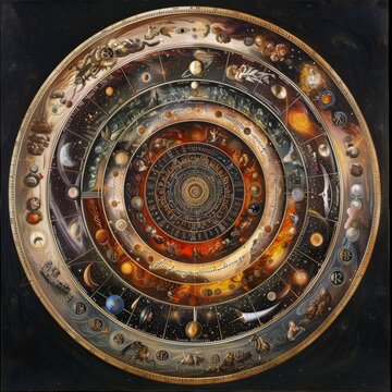 An intricate detailed cosmic calendar,depicting the vastness of universe compression of time across celestial bodies,artwork show planets,stars,galaxies,astrological symbols,weaving cosmic history
