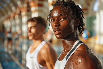 Focused athletes dripping with sweat as they rest between track events.
