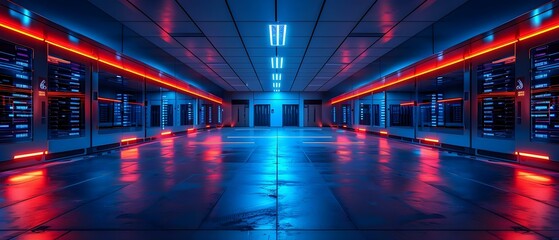 High-Tech Data Center Hub: Digital Security's Frontier. Concept Data Center Operations, Network Security, Cloud Computing, Cybersecurity Best Practices, Data Privacy - obrazy, fototapety, plakaty