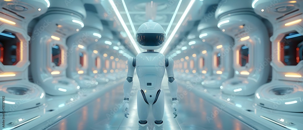 Poster futuristic ai in an automated production hub. concept robot assistance, industry 4,0, artificial int
