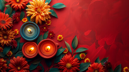 Happy Diwali - Clay Diya lamps lit during Diwali, Hindu festival of lights celebration. Colorful traditional oil lamp diya on red background.