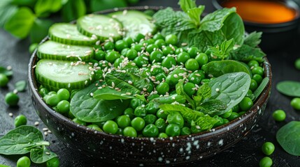 Obraz premium A bowl of peas, cucumbers, mint, and seasoning on a table