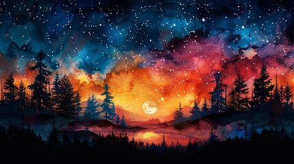 Fototapeta premium This watercolor painting depicts a forest engulfed in flames under a twilight sky, showcasing contrasting cool and warm tones