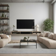 Modern living room: TV on white wall