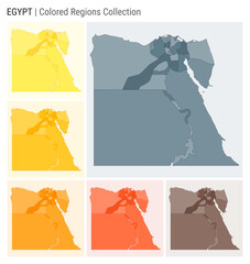 Egypt map collection. Country shape with colored regions. Blue Grey, Yellow, Amber, Orange, Deep Orange, Brown color palettes. Border of Egypt with provinces for your infographic. Vector illustration.