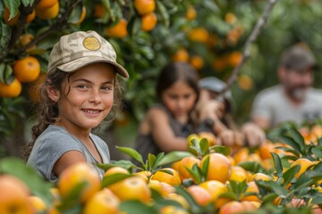 A girl with a cap smiling among abundant orange trees during fruit picking.