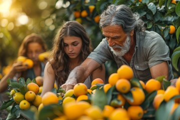An elderly man and young girls harvesting oranges in an orchard.