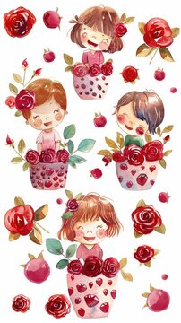 Whimsical Children Playing Amidst Vibrant Ruby Roses in Flowerpots