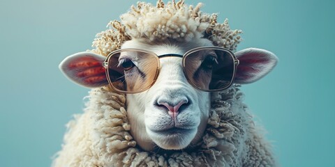 Portrait of a sheep wearing sunglass over a clean backdrop with space for text or product...